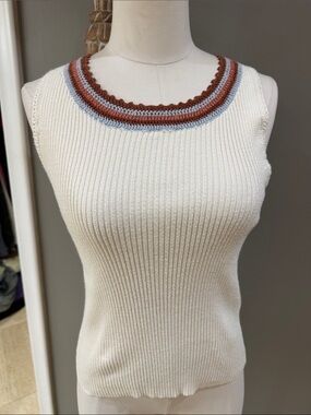 Madewell Cream Sleeveless Rib Knit Sweater with Rust and Light Blue Trim
